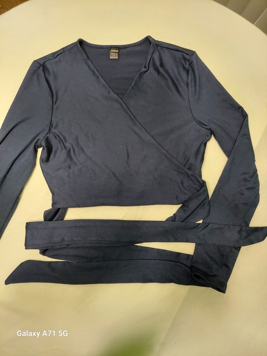 SHEIN Tops - Navy Wrap-Style Long Sleeve Crop Top with Waist Ties